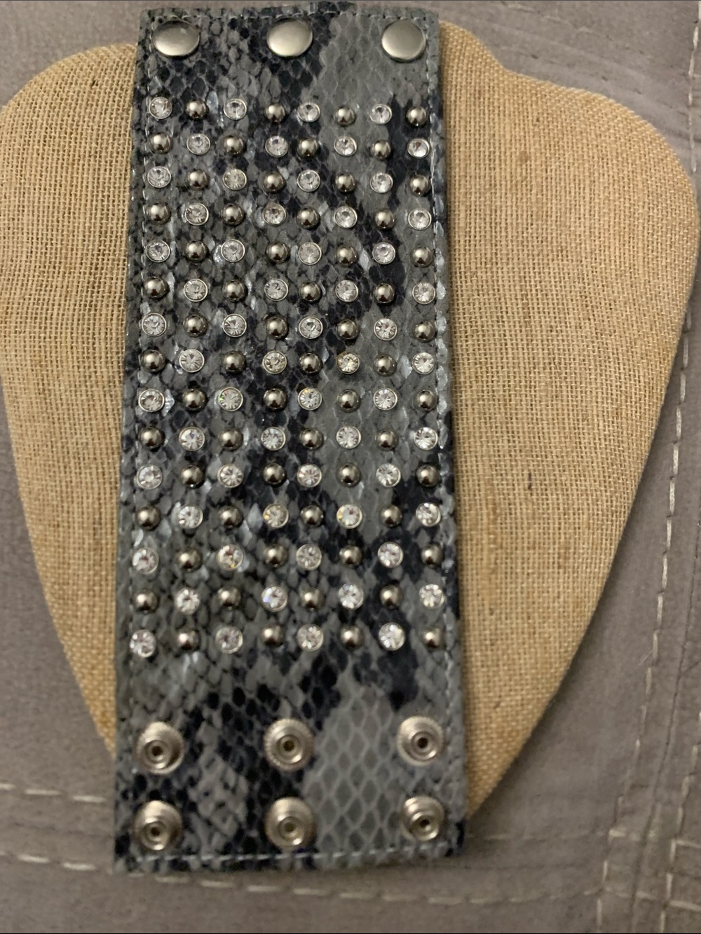 Wide Studded Snake-Print Cuff Bracelet in Black / Gray and Silver